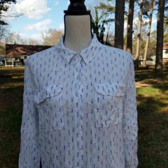 Two By Vince Camuto Button Down White Blue Long Sleeve Viscose Shirt L - Picture 2 of 7